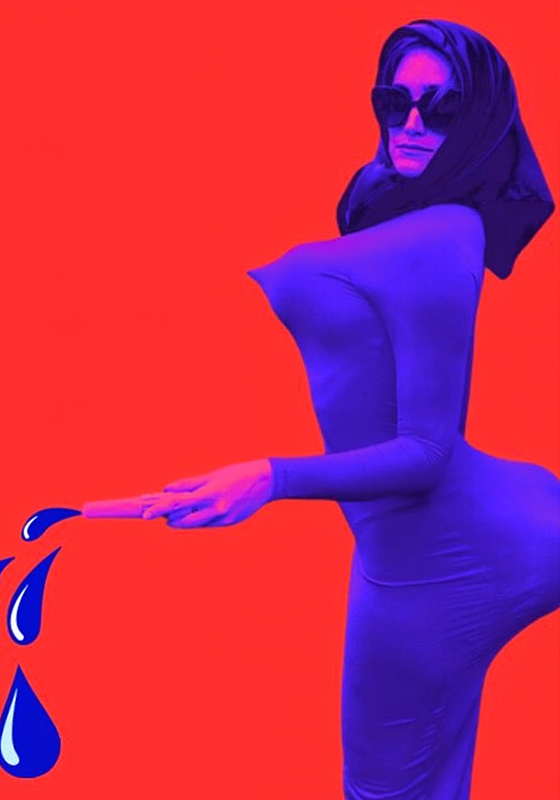 A red and blue picture of Maya with her body heavily distorted wearing sunglasses and a headscarf.