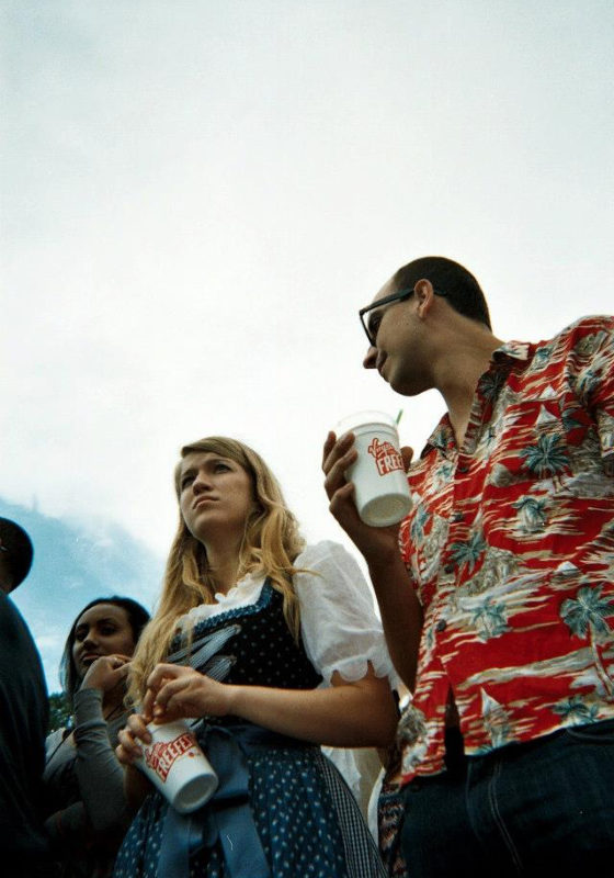 A low angle shot of Olga in traditional German dress