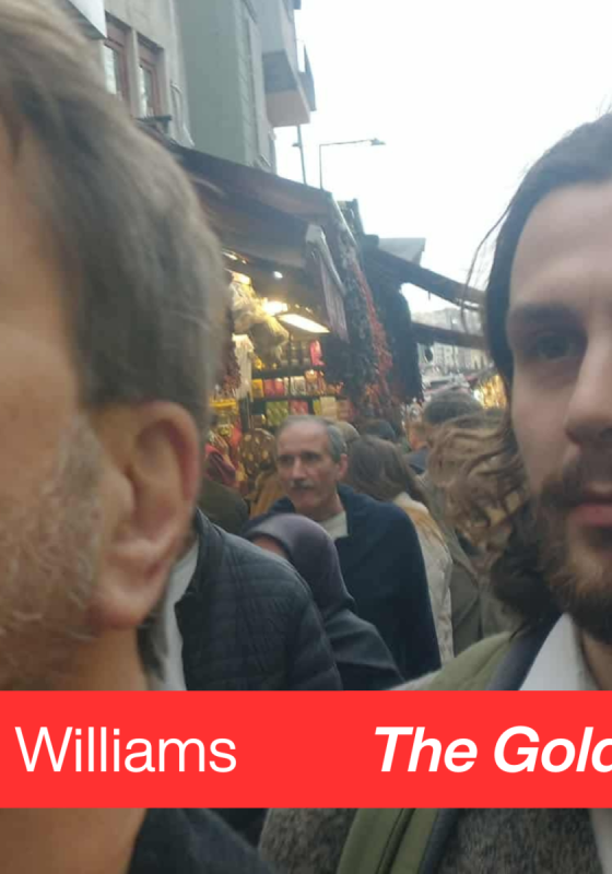 Photo of Sam Williams in a crowd scene with the show title underneath.