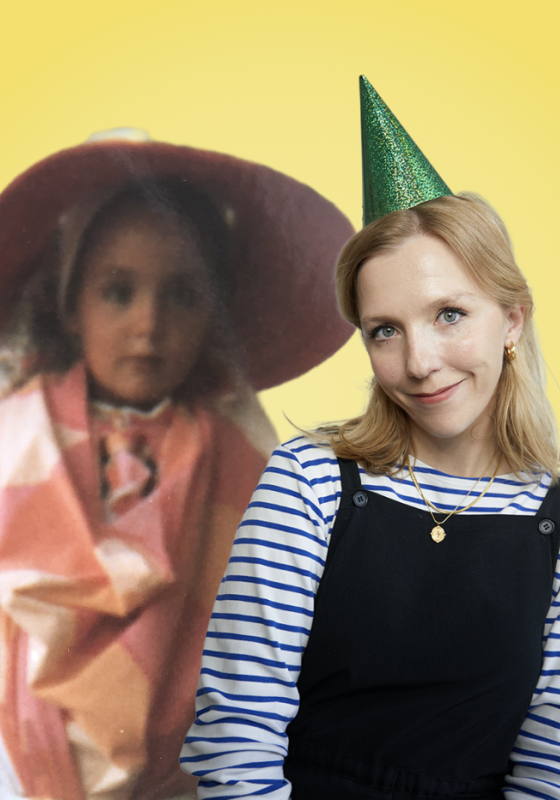 Photos of both comedians  - one as a young child and the other wearing a party hat - spliced next to one another.