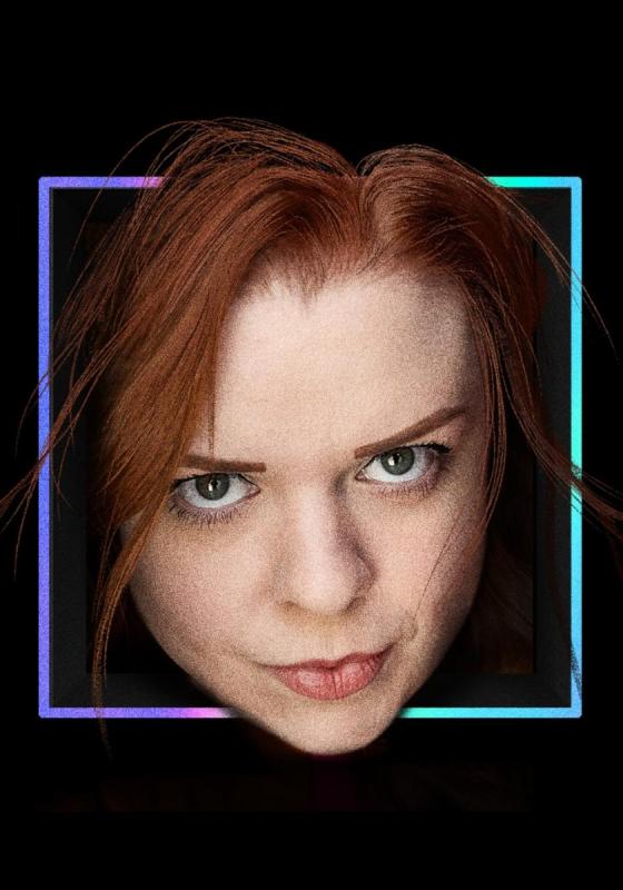 Abi Tedder's face in a neon box.