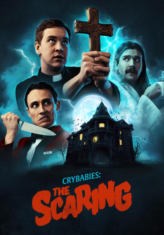 The cast of crybabies holding a knife, a cross, and a cup of tea with the title below.