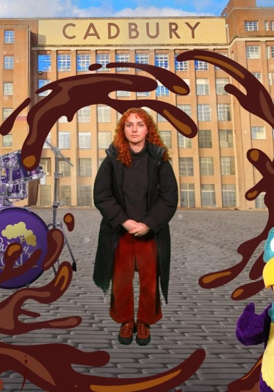 Ania photoshopped in front of the Cadbury chocolate factory.