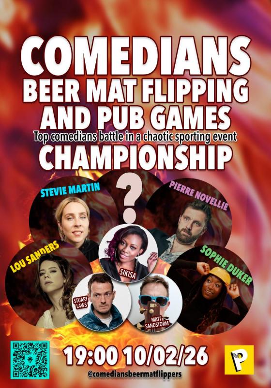 Pictures of comedians with the show title in large font.