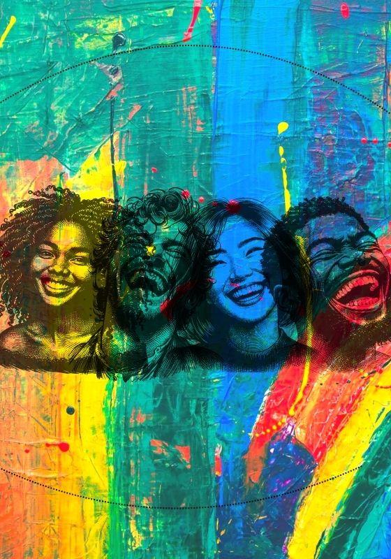 Pencil Sketches of four happy laughing individuals in a row against a colourful, textured rainbow background.