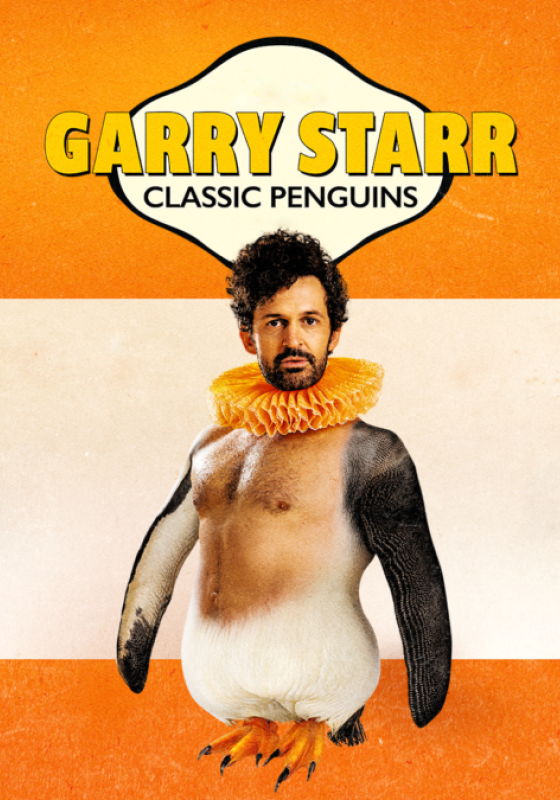 Garry is wearing a ruff as a half-human, half penguin.