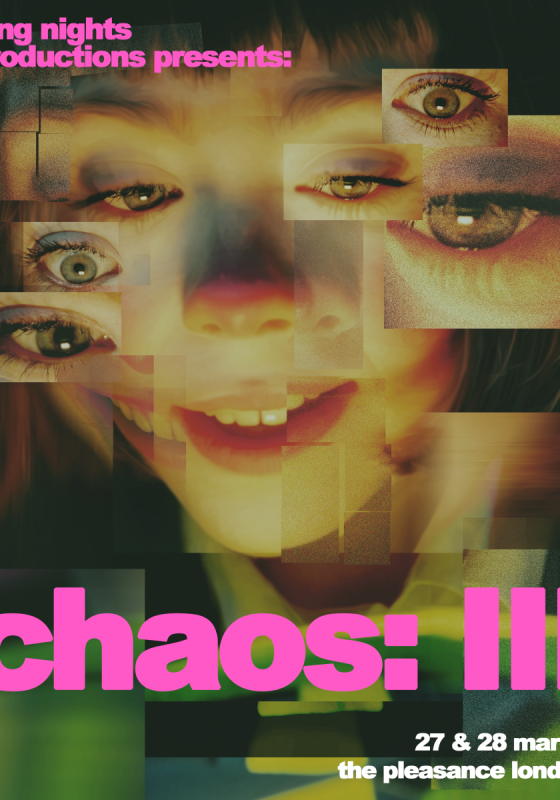 A close up of a woman with black bangs looking with a dazed expression towards the floor. There are six eyes planted in different positions and angles edited in.