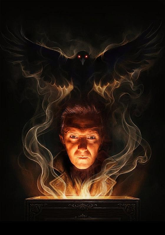 Painting of an ominous man whose face is lit form below, smoke rises around him and transforms itself into a menacing raven that flaps its wings above the man's head, before a black background.