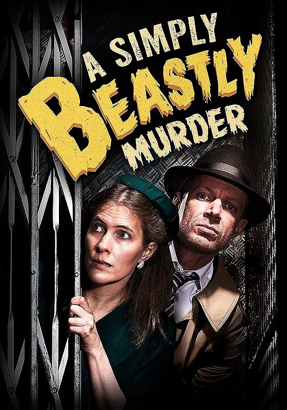 A woman wearing a 40's top hat and a man wearing a 40's fedora lean out of a grey grate elevator door.