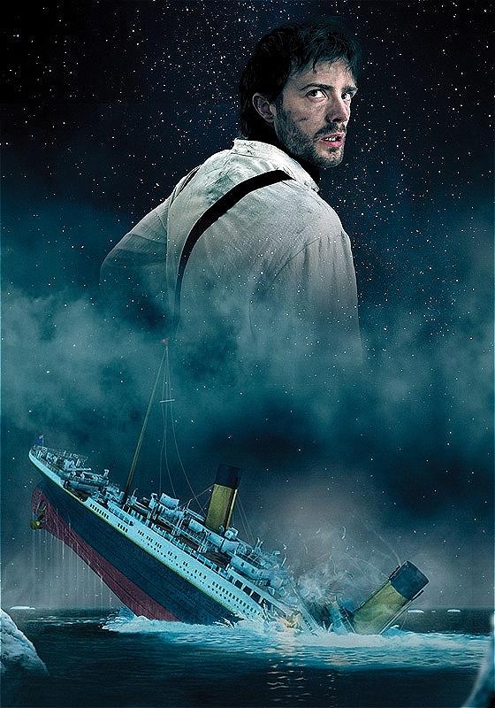 Two identical men wearing green turtleneck sweaters hold a pear between their shoulders before a green background. The sinking Titanic in the foreground.