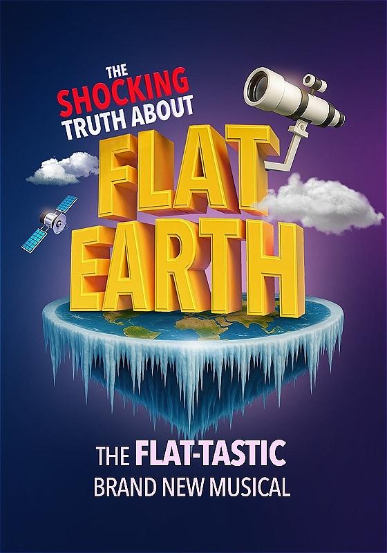 The title of the piece stands on a flat Earth whose edges are frozen into icy stalagmites, a telescope pops out of the T in Flat, clouds and a satellite float around it, before a purple background.