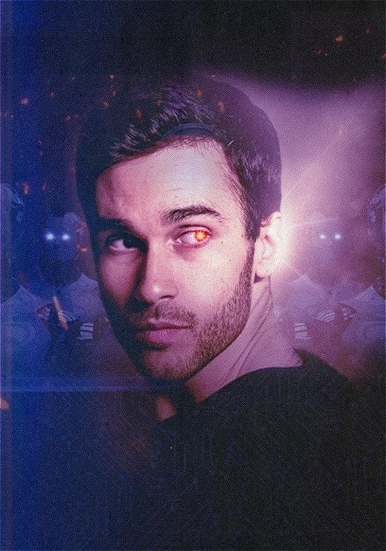 A man with a red bionic eye stares back over his shoulder, behind him  robots with glowing eyes.