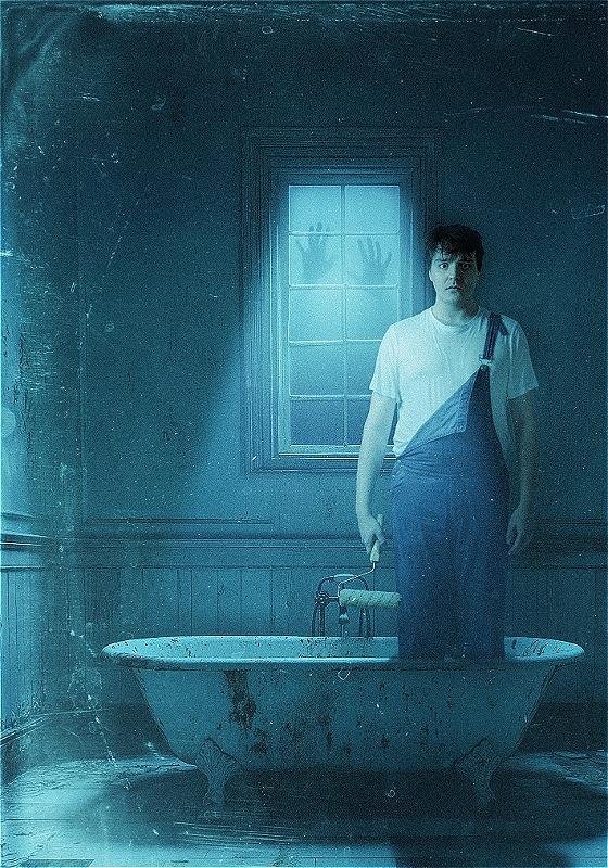A person in dungarees hanging off one shoulder stands in an old, dirty bathtub. There is a window behind them, and it looks like there are hands reaching for them from the other side! The atmosphere is blue dark and spooky