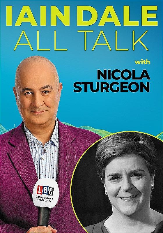 Host Iain Dale stares straight ahead with an LBC microphone wearing a purple blazer before a blue background. A black and white photo of the guest in the bottom right corner.