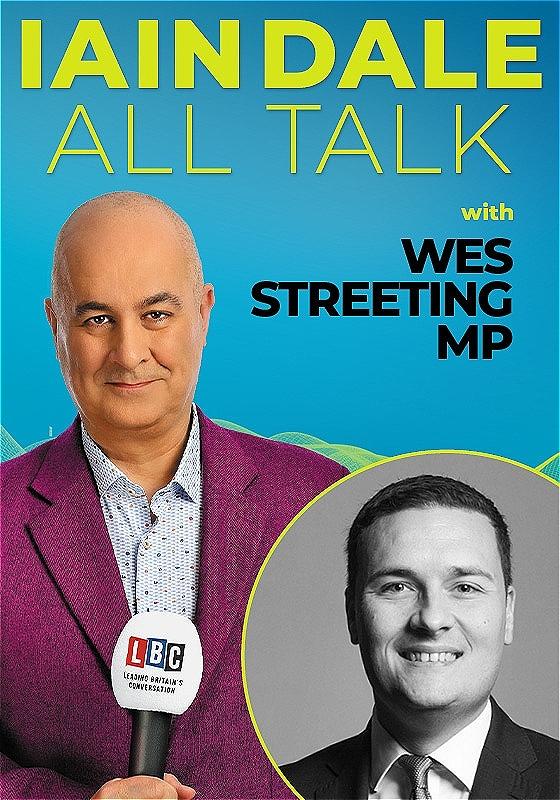 Host Iain Dale stares straight ahead with an LBC microphone wearing a purple blazer before a blue background. A black and white photo of the guest in the bottom right corner.