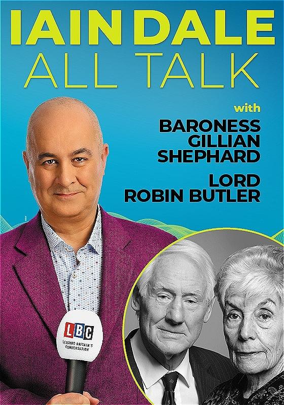 Host Iain Dale stares straight ahead with an LBC microphone wearing a purple blazer before a blue background. A black and white photo of the guests in the bottom right corner.