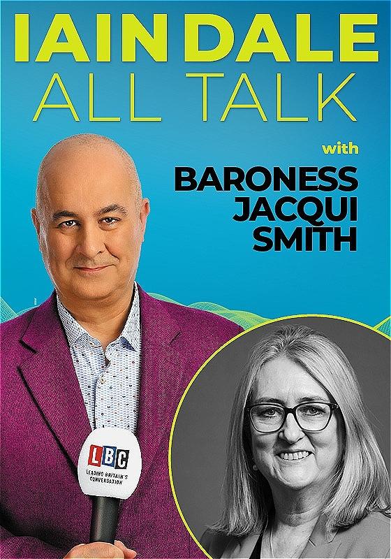 Host Iain Dale stares straight ahead with an LBC microphone wearing a purple blazer before a blue background. A black and white photo of the guest in the bottom right corner.