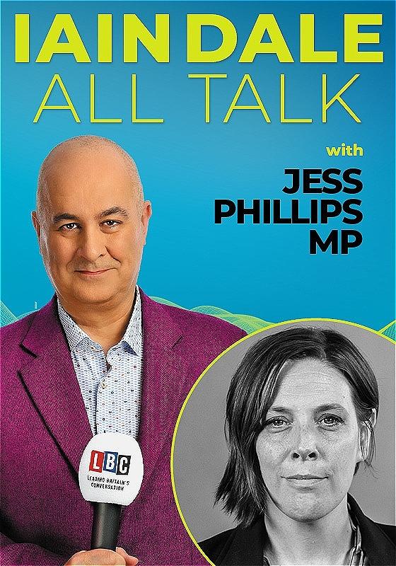 Host Iain Dale stares straight ahead with an LBC microphone wearing a purple blazer before a blue background. A black and white photo of the guest in the bottom right corner.