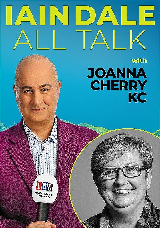 Host Iain Dale stares straight ahead with an LBC microphone wearing a purple blazer before a blue background. A black and white photo of the guest in the bottom right corner.
