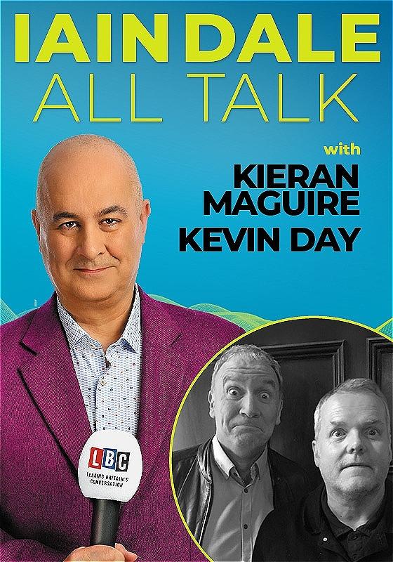 Host Iain Dale stares straight ahead with an LBC microphone wearing a purple blazer before a blue background. A photo of the guests in the bottom right corner.