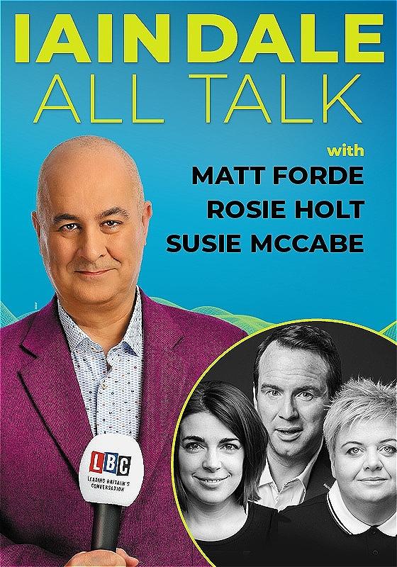 Host Iain Dale stares straight ahead with an LBC microphone wearing a purple blazer before a blue background. A black and white photo of the guests in the bottom right corner.