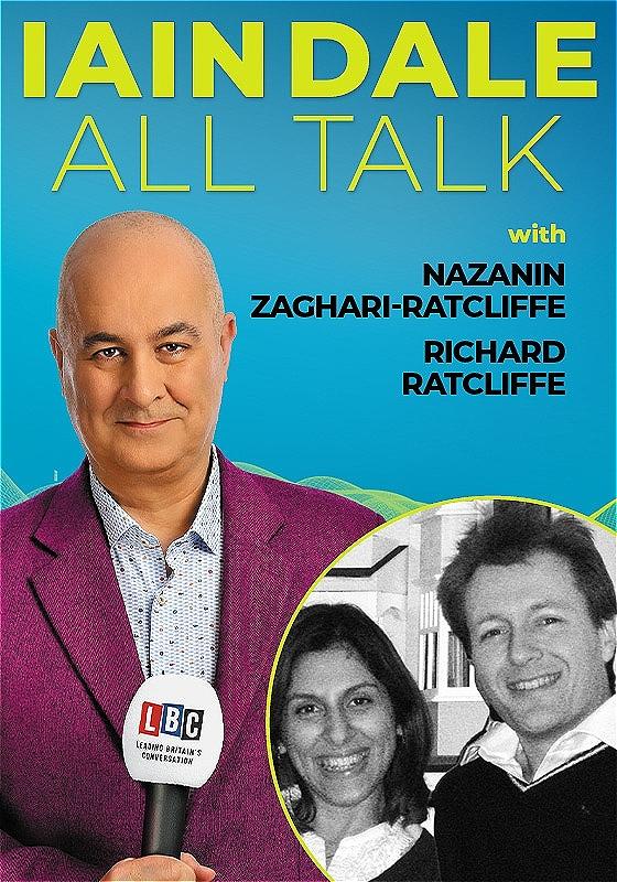 Host Iain Dale stares straight ahead with an LBC microphone wearing a purple blazer before a blue background. A black and white photo of the guests in the bottom right corner.