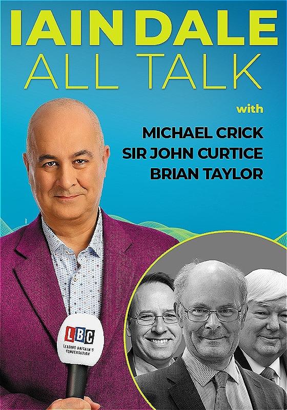 Host Iain Dale stares straight ahead with an LBC microphone wearing a purple blazer before a blue background. A photo of the guest in the bottom right corner.