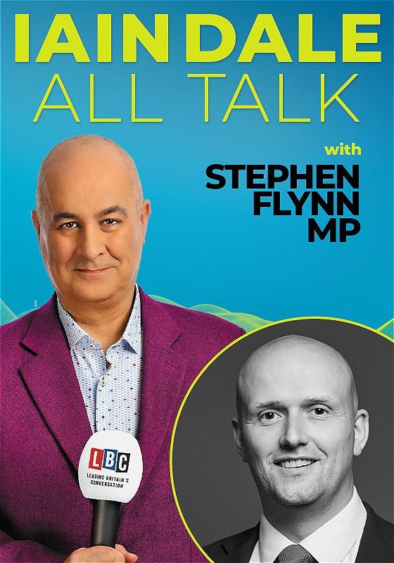 Host Iain Dale stares straight ahead with an LBC microphone wearing a purple blazer before a blue background. A photo of the guest in the bottom right corner.