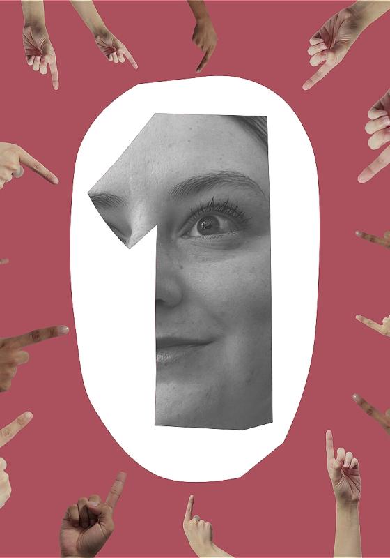 A smiling person partially covered by a cut-out of the number 1, various hands point at it before a pink background.