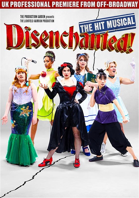 Performers dressed as princesses Ariel, Tiana, Snow White, Belle, Mulan, and Cinderella stand in front of a white background.