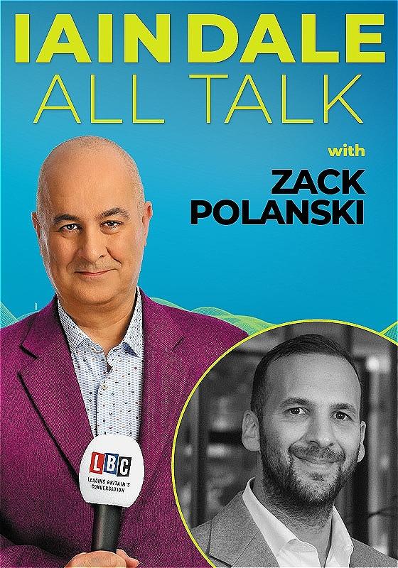 Host Iain Dale stares straight ahead with an LBC microphone wearing a purple blazer before a blue background. A black and white photo of the guest in the bottom right corner.