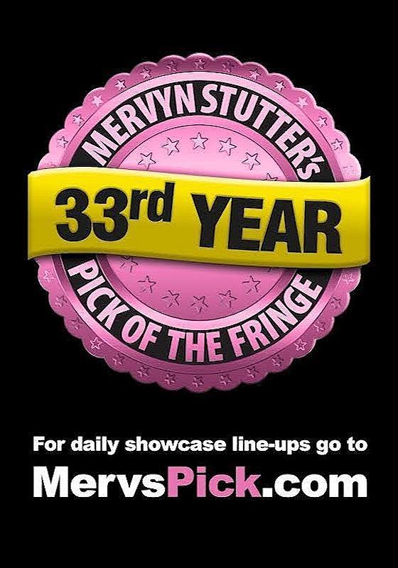 The round pink Mervyn Stutter roundel logo, with a yellow banner across it proclaiming the show's thirty third year. Across the bottom it says the following: for daily showcase line-ups go to mervspick dot com