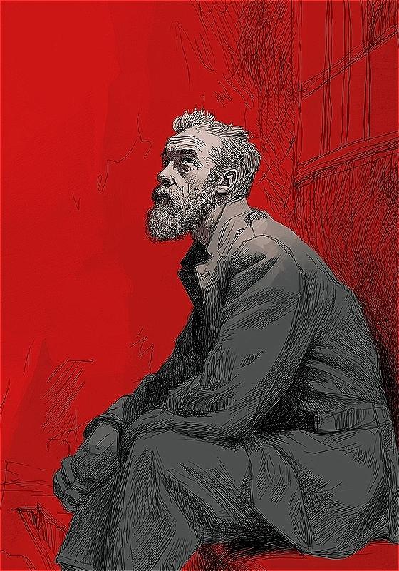 Illustration of a bearded person in shades of gray, staring up while sitting in prison. The background is red and we can see a faint suggestion of a window with bars over it.