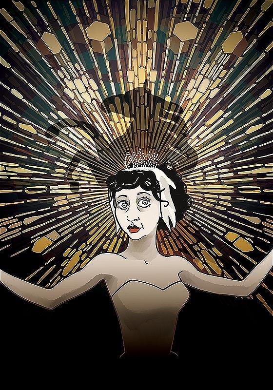 Illustration of a pale person wearing a ballerina like gown and a tiara with their hands extended. Behind their head is a shadow of a bolting horse, and a radiating golden aura.