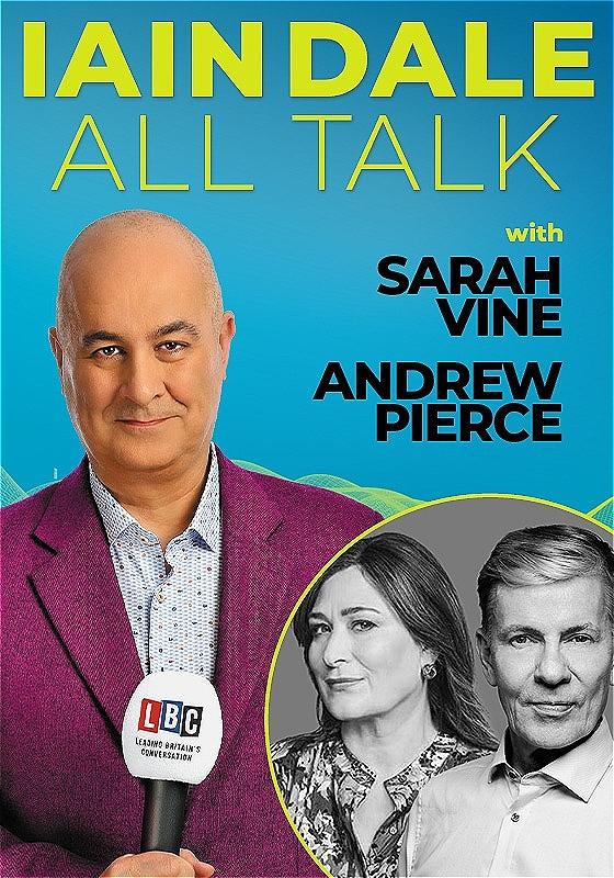 Host Iain Dale stares straight ahead with an LBC microphone wearing a purple blazer before a blue background. A black and white photo of the guests in the bottom right corner.