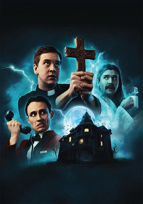 Three people are clustered around a haunted house in the background: a priest brandishing a cross, an old-school suited hotel receptionist holding up a phone with a look of disgust, and a ghost holding up a steaming cup of tea and looking a bit confused. It's giving spooky under the full moon.