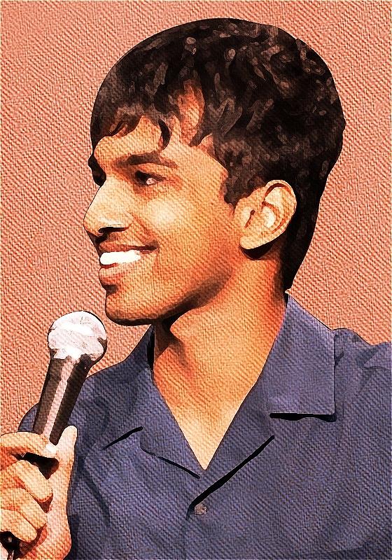 Tarang is holding a mic up to their mouth and smiling. Their blue top contrasts with a salmon background. The image is grainy, but in a stylised way.