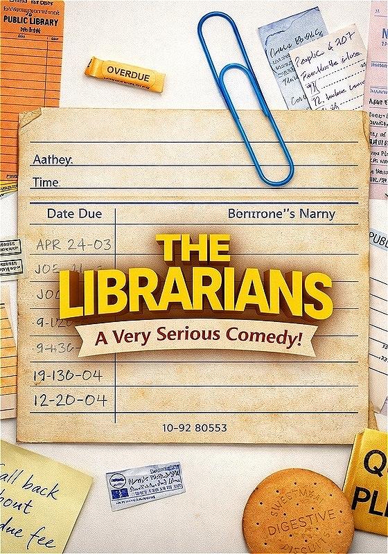 Old fashioned slips of paper and overdue fees with the show title: The Librarians: A Very Serious Comedy in the middle.