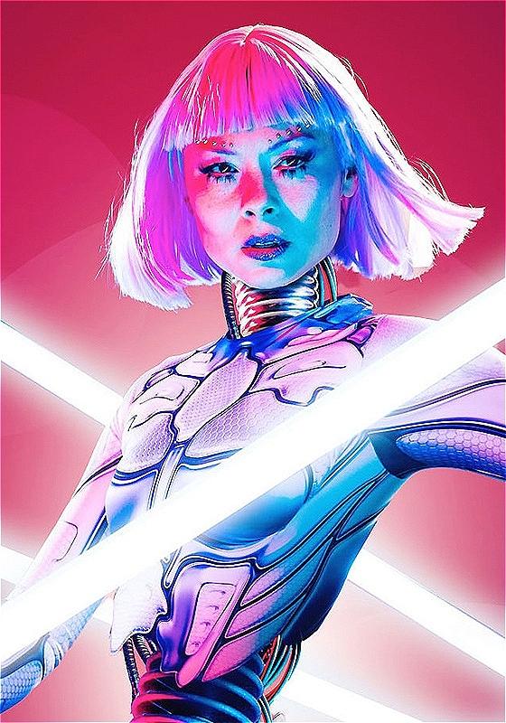 Anna's head wearing a short pink wig with a futuristic robotic body holding a LED tube.