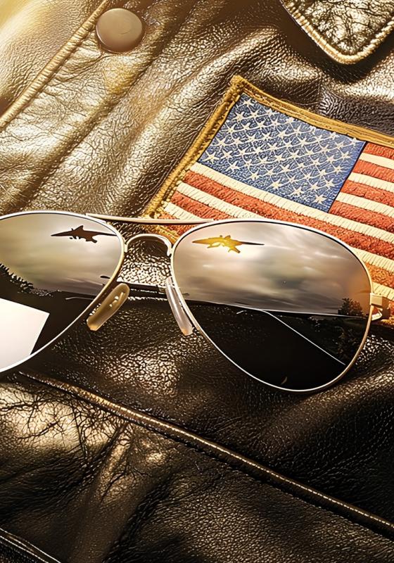 A pair of sunglasses rest on a leather aviator jacket with the American flag. Planes reflected in the lens. 