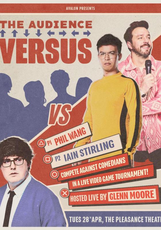 Vintage style games poster of Glenn Moore, Phil Wang and Iain Stirling