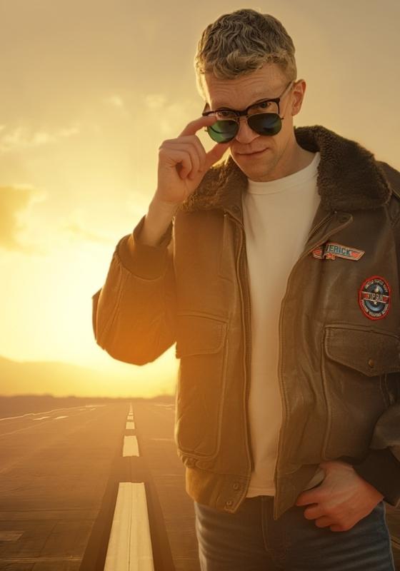 Man in aviator sunglasses and leather jacket stands on a runway at sunset, exuding confidence. The jacket has aviation-themed patches.