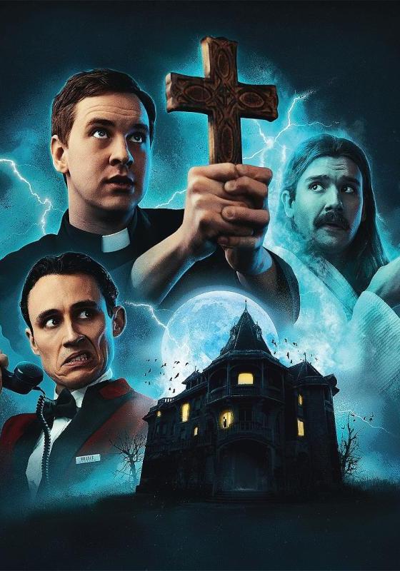 Three people are clustered around a haunted house in the background: a priest brandishing a cross, an old-school suited hotel receptionist holding up a phone with a look of disgust, and a ghost holding up a steaming cup of tea and looking a bit confused. It's giving spooky under the full moon.
