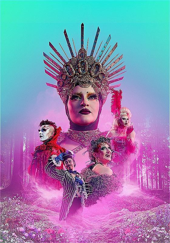 The five cast members of Acid's Reign in a pink haze with a flowery meadow and forest in the background.