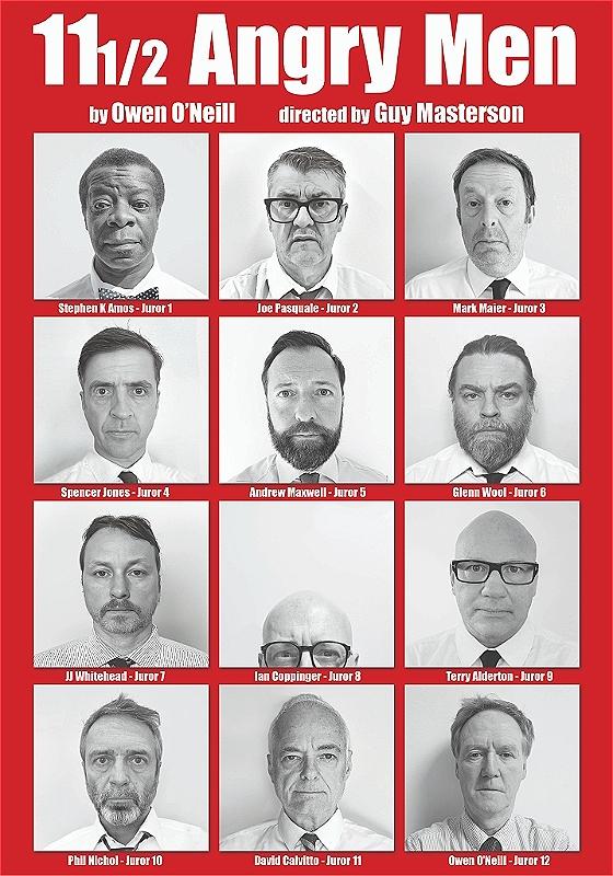 12 pictures of men in black and white with the title above set against a red background