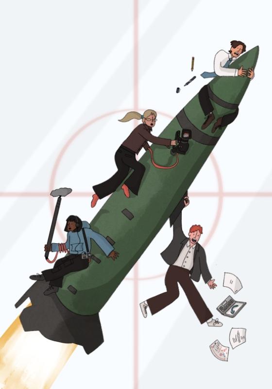 A cartoon image of a missile with four people holding on. 