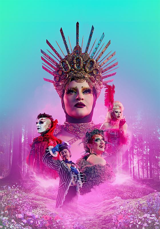 A crowned individual looks wistfully into the distance. Around them four others dressed in full glam also gaze beyond the camera. In the background there is a mystical forest submerged in a haze of pink and green.