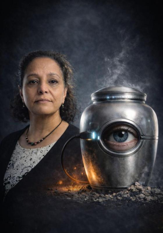 Lubna looks forward against a dark background. Further forward sits an urn with a hole in it showing an eye peering through. The urn is plugged in and smoke is emanating from it. 