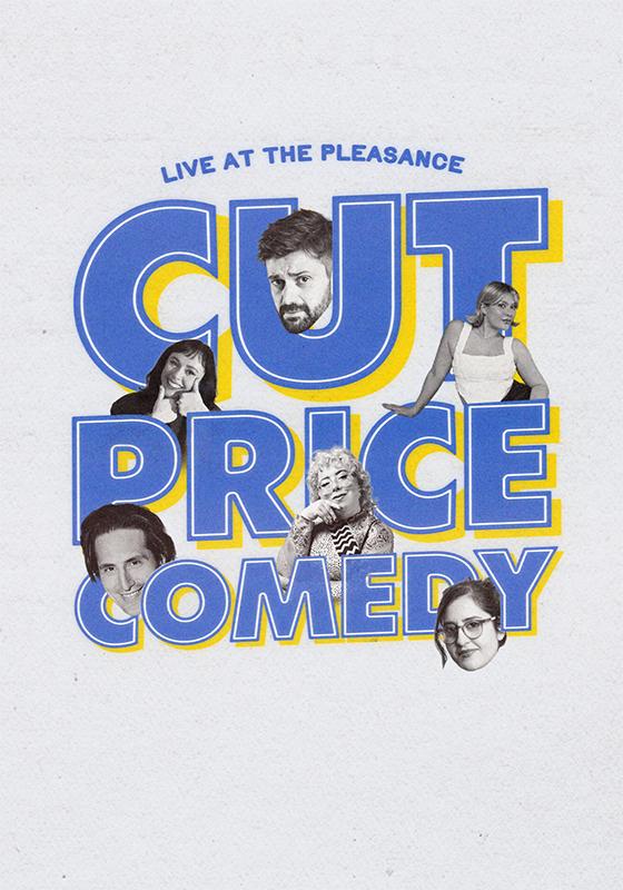'Cut Price Comedy' in blue against a beige background. The faces of the comedians appear in between the letters