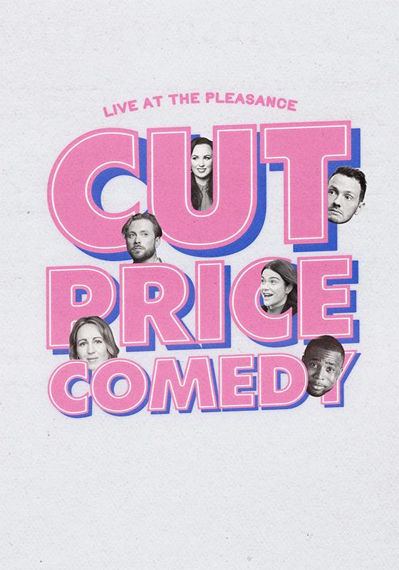 'Cut Price Comedy' in Pink against a beige background. The faces of the comedians appear in between the letters